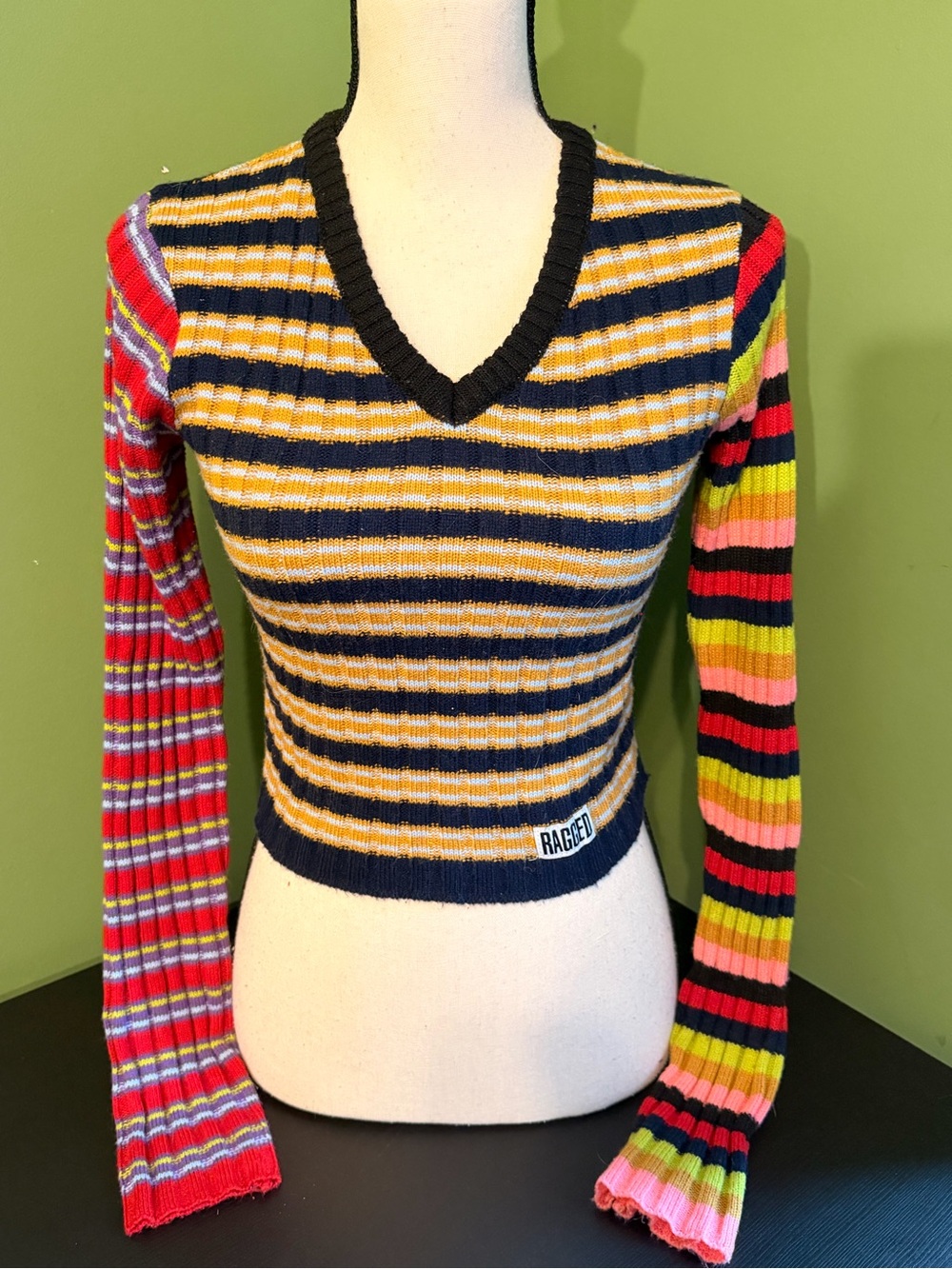 Raggedy Striped V-Neck Ribbed Sweater in Navy & Multi
